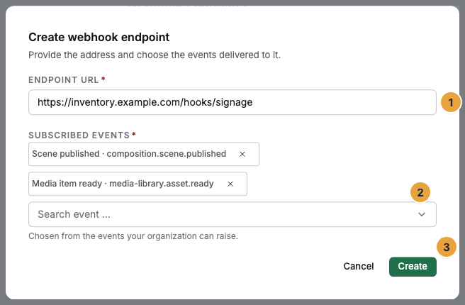 The Create webhook endpoint dialog with the Endpoint URL field (1), the Subscribed events selection with the Search event … search field (2), and the Create button (3)